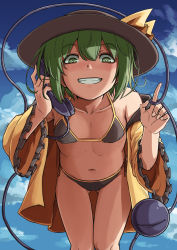 Rule 34 | 1girl, baketsuya, bare legs, bikini, bikini under clothes, blouse, collarbone, day, eyeball, feet out of frame, fingernails, flat chest, frilled sleeves, frills, gluteal fold, green eyes, green hair, grin, hair between eyes, hands up, hat, highres, index finger raised, komeiji koishi, leaning forward, long sleeves, looking at viewer, navel, off shoulder, outdoors, ringed eyes, shirt, short hair, smile, solo, standing, stomach, swimsuit, third eye, touhou, wide sleeves