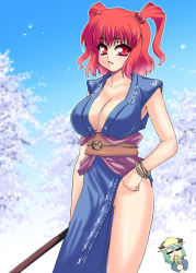 Rule 34 | 2girls, = =, bracelet, breasts, cherry blossoms, cleavage, covering face, covering own mouth, covering privates, day, female focus, green hair, hair bobbles, hair ornament, hand on own hip, hat, hip focus, huge breasts, jewelry, large breasts, loincloth, multiple girls, no panties, obi, onozuka komachi, petals, pole, red eyes, red hair, rod of remorse, sash, shiki eiki, short hair, short twintails, sky, takadoya, touhou, twintails, two side up
