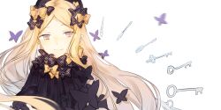 Rule 34 | 1girl, abigail williams (fate), black bow, black dress, blonde hair, bow, caddy cyd, dress, fate/grand order, fate (series), floating hair, hair bow, key, light smile, long hair, looking at viewer, multiple hair bows, orange bow, parted bangs, parted lips, polka dot, polka dot bow, red eyes, solo, upper body, white background