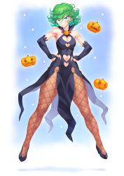 Rule 34 | 1girl, alternate costume, armpits, bare shoulders, black dress, blush, breasts, bridal gauntlets, cleavage cutout, clothing cutout, curly hair, dress, fantasy, fishnet pantyhose, fishnets, floating, floating object, flying, full body, glowing, green eyes, green hair, halloween, hands on own hips, jack-o&#039;-lantern, legs, legs apart, levitation, looking at viewer, magic, medium breasts, mogudan, navel, one-punch man, pantyhose, psychic, pumpkin, short hair, simple background, solo, tatsumaki, telekinesis, thick thighs, thighs