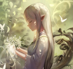 Rule 34 | 1girl, absurdres, blonde hair, breasts, bug, butterfly, closed eyes, closed mouth, commentary, dappled sunlight, elf, english commentary, facing down, flower, flower necklace, from side, hands up, highres, holding, holding flower, insect, jewelry, long hair, medium breasts, necklace, original, pointy ears, profile, shirt, sidelocks, sishenfan, sleeves past elbows, solo, sunlight, white flower, white shirt, wide sleeves