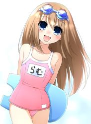 Rule 34 | 1girl, arms behind back, artist request, blue eyes, blush, brown hair, child, flat chest, goggles, highres, long hair, neptune (series), one-piece swimsuit, pink one-piece swimsuit, ram (neptunia), school swimsuit, simple background, smile, solo, surfboard, swimsuit, white background