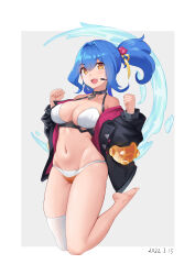 Rule 34 | 1girl, :d, absurdres, amelia (world flipper), bare shoulders, barefoot, bikini, black choker, black jacket, blue hair, breasts, chinese commentary, choker, cleavage, clenched hands, clothes pull, collarbone, commentary, dated, earpiece, fang, full body, grey background, groin, hair between eyes, hair intakes, hair ribbon, halterneck, hands up, highres, jacket, large breasts, long hair, long sleeves, looking at viewer, navel, off shoulder, open mouth, orange eyes, ponytail, ribbon, sidelocks, single thighhigh, skin fang, skindentation, smile, solo, stomach, swimsuit, thighhighs, water, white background, white bikini, white thighhighs, world flipper, yellow ribbon, yinori