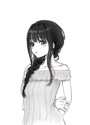 Rule 34 | 1girl, arms behind back, black hair, blush, braid, breasts, closed mouth, commentary, doodle943545, dress, earrings, grabbing own arm, greyscale, hashtag-only commentary, inoue takina, jewelry, long hair, looking at viewer, lycoris recoil, monochrome, off-shoulder dress, off shoulder, purple eyes, sidelocks, simple background, single braid, small breasts, solo, spot color, sweater, sweater dress, upper body, white background