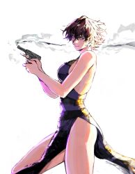Rule 34 | 1girl, bare arms, bare legs, bare shoulders, black dress, breasts, closed mouth, cowboy shot, dress, from side, gun, hair between eyes, half-closed eyes, handgun, highres, holding, holding gun, holding weapon, large breasts, original, purple dress, shiny skin, short hair, simple background, smile, smoke, smoking gun, solo, two-tone dress, weapon, white background, yourfreakyneighbourh
