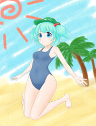 Rule 34 | 1girl, aqua eyes, aqua hair, bare legs, bare shoulders, beach, blue eyes, blue hair, blue sky, breasts, cloud, cloudy sky, day, full body, hair bobbles, hair ornament, hat, highres, kawashiro nitori, knees together feet apart, kuruguru, matching hair/eyes, medium breasts, one-piece swimsuit, outstretched arms, palm tree, sand, school swimsuit, short hair, sky, solo, swimsuit, thigh gap, touhou, tree, twintails, two side up
