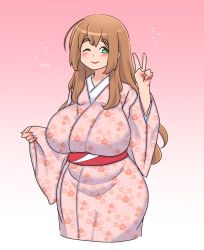 Rule 34 | 1girl, blush, breasts, brown hair, cleavage, curvy, flower print, green eyes, huge breasts, japanese clothes, kaz (shade), kimono, large breasts, long hair, long sleeves, one eye closed, simple background, smile, wink