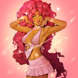 1girl arm_up armpits artist_name big_hair blush bracelet bracer breasts choker collarbone commentary dc_comics english_commentary fingernails heart highres jewelry large_breasts likelihood_art lips long_fingernails long_hair looking_at_viewer midriff miniskirt nail_polish parted_lips pink_background pink_hair pink_nails pink_skirt pink_theme skirt solid_eyes solo starfire tamaranean teen_titans very_long_hair yellow_eyes