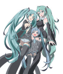 Rule 34 | 3girls, 9aki, aged down, aged up, alternate costume, aqua hair, aqua nails, blue hair, breasts, child, dress, green eyes, green hair, hatsune miku, headset, long hair, multiple girls, multiple persona, nail polish, necktie, panties, simple background, small breasts, thighhighs, time paradox, twintails, underwear, very long hair, vocaloid
