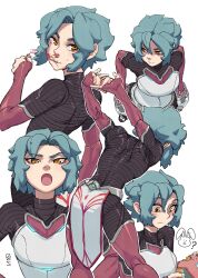 Rule 34 | 1girl, arms at sides, blood, blue hair, blush, breasts, des(desvitio), desorienter, highres, holding, legs, looking at viewer, looking to the side, neck, nose, open mouth, original, short hair, signature, small breasts, solo, weapon