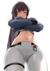Rule 34 | 1girl, black hair, blush, breasts, closed mouth, crop top, crossed arms, flying sweatdrops, frown, gloves, gluteal fold, goddess of victory: nikke, highres, id card, large breasts, long hair, marciana (nikke), navel, navel piercing, pants, piercing, redi (rasec asdjh), simple background, solo, stomach, tight clothes, tight pants, v-shaped eyebrows, white background, white gloves, white pants, yellow eyes