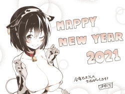 Rule 34 | 1girl, 2021, ;), animal ears, animal print, asutora, bell, neck bell, black hair, blush, breasts, brown eyes, closed mouth, collar, collarbone, commentary request, cow ears, cow print, cow tail, elbow gloves, fake animal ears, gloves, happy sex, large breasts, looking at viewer, one eye closed, original, red collar, short hair, smile, solo, tail, translation request, upper body