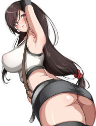 Rule 34 | 1girl, arm up, armpits, ass, belt, black skirt, black thighhighs, blush, breasts, brown hair, closed mouth, crop top, female focus, final fantasy, final fantasy vii, from behind, from below, happy, highres, hyuuman, large breasts, long hair, looking at viewer, looking back, midriff, miniskirt, pencil skirt, ponytail, red eyes, scrunchie, shiny skin, shirt, simple background, skirt, sleeveless, sleeveless shirt, smile, solo, standing, suspenders, thighhighs, tifa lockhart, undershirt, white background, white shirt