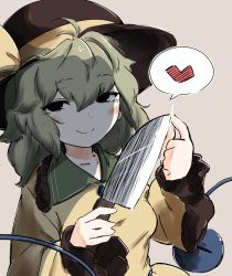 Rule 34 | 1girl, antenna hair, black hat, blouse, closed mouth, commentary request, gradient background, grey background, hair between eyes, half-closed eyes, hat, heart, highres, komeiji koishi, looking at viewer, shirt, simple background, smile, solo, spoken heart, touhou, uisu (noguchipint), upper body, yandere, yellow shirt