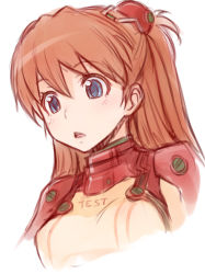 Rule 34 | 00s, 1girl, :o, blue eyes, bodysuit, brown hair, colored eyelashes, evangelion: 2.0 you can (not) advance, eyelashes, ha-ru, neon genesis evangelion, open mouth, plugsuit, rebuild of evangelion, simple background, sketch, solo, souryuu asuka langley, staring, test plugsuit, upper body, white background