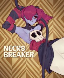 1girl, armpits, blue skin, breasts, colored skin, detached sleeves, dress, hair over one eye, hands behind head, highres, purple hair, red eyes, side ponytail, sideboob, skullgirls, slavyan, solo, squigly (skullgirls), stitched mouth, stitches, striped