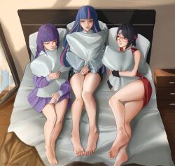 Rule 34 | 3girls, absurdres, ada (boruto), artist name, bare legs, barefoot, bed, bed sheet, bedroom, black gloves, black hair, blue eyes, blunt bangs, boruto: naruto next generations, closed mouth, dress, earrings, feet, female focus, fingerless gloves, forehead protector, full body, glasses, gloves, headband, highres, holding, holding pillow, hoop earrings, jewelry, kakei sumire, konohagakure symbol, lips, long hair, long sleeves, looking at another, lying, microdress, multicolored hair, multiple girls, naruto (series), on bed, on side, pillow, pink hair, pink nails, pleated dress, purple dress, purple eyes, purple hair, red-framed eyewear, red headband, short hair, sitting, sleeveless, sleeveless dress, soles, streaked hair, thighs, toenails, toes, uchiha sarada, uchihaniray