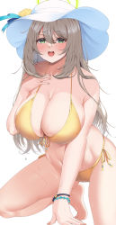 Rule 34 | 1girl, :d, absurdres, bikini, blue archive, blush, bracelet, breasts, cleavage, collarbone, flower, front-tie top, green eyes, halo, hat, hat flower, hat ribbon, highres, huge breasts, jewelry, large breasts, light brown hair, long hair, looking at viewer, nail polish, navel, nonomi (blue archive), nonomi (swimsuit) (blue archive), official alternate costume, oidoden2535, open mouth, ribbon, side-tie bikini bottom, smile, solo, sun hat, swept bangs, swimsuit, thighs, wet, white background, white hat, yellow bikini