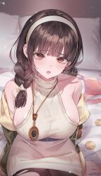 1girl bare_shoulders bed belt black_belt black_survival blunt_bangs blush bra braid breasts brown_eyes brown_hair brown_pantyhose coin dress ear_blush eternal_return:_black_survival green_jacket hairband halter_dress halterneck highres jacket large_breasts long_hair looking_at_viewer off_shoulder on_bed open_clothes open_jacket open_mouth pantyhose pink_bra s2mias2 short_dress sideboob sitting solo sweat sweatdrop sweater sweater_dress torn_clothes torn_pantyhose twin_braids underwear unworn_bra white_dress white_hairband