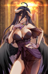 Rule 34 | 1girl, ahoge, albedo (overlord), bare shoulders, black dress, black hair, black wings, blush, breasts, cleavage, demon girl, demon horns, dress, feathered wings, foxyreine, gloves, hair between eyes, highres, horns, large breasts, long hair, looking at viewer, low wings, open mouth, overlord (maruyama), smile, solo, thighs, wings, yellow eyes
