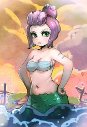 Rule 34 | &gt;:t, 10s, 1girl, :t, armpits, arms at sides, bare arms, bare shoulders, blush, bow (bhp), breasts, cala maria (cuphead), cleavage, closed mouth, cloud, cloudy sky, collarbone, cuphead (game), dusk, eyebrows, eyelashes, eyeshadow, facing away, giant, giantess, groin, hands on own hips, lips, lipstick, makeup, medium breasts, mermaid, midriff, monster girl, navel, ocean, octopus, outdoors, outie navel, partially submerged, pink lips, pout, purple hair, scales, scar, seashell, shell, shell bikini, ship, shipwreck, short hair, sky, solo, stomach, tentacle hair, v-shaped eyebrows, water, watercraft, waves, x x
