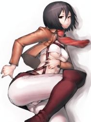 Rule 34 | 1girl, abs, black eyes, black hair, boots, breasts, cameltoe, cleavage, covered erect nipples, female focus, fumio (rsqkr), jacket, lips, midriff, mikasa ackerman, muscular, navel, pants, scarf, shingeki no kyojin, short hair, simple background, skin tight, skirt, solo, thighs, tight clothes, tight pants, underboob