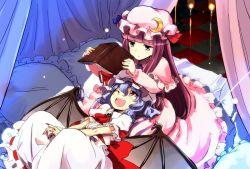 Rule 34 | 2girls, ;d, bat wings, between legs, blue ribbon, blunt bangs, book, crescent, crescent pin, dress, fang, frilled dress, frilled sleeves, frills, hand between legs, hat, hat ribbon, holding, holding book, indoors, long hair, lying, mizumoto tadashi, mob cap, multiple girls, on back, on bed, one eye closed, open mouth, pajamas, patchouli knowledge, pillow, pink dress, puffy short sleeves, puffy sleeves, purple eyes, purple hair, red eyes, red ribbon, remilia scarlet, ribbon, ribbon trim, short hair, short sleeves, smile, touhou, very long hair, wings