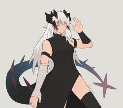 Rule 34 | 1girl, animal ears, arkiwi, arknights, artist name, bird ears, black dress, black thighhighs, closed mouth, commentary, cow, dragon girl, dragon horns, dragon tail, dress, earclip, english commentary, grey background, hand up, highres, horns, long hair, looking at viewer, orange eyes, saria (arknights), side slit, simple background, solo, tail, thighhighs, white hair, wrist wrap
