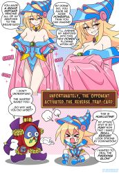 Rule 34 | &gt; &lt;, 1girl, 1other, absurdres, bare shoulders, blonde hair, blue dress, blue leotard, blush, blush stickers, breasts, brooch, cape, capelet, chibi, cleavage, collarbone, conical hat, dark magician girl, dress, duel monster, full-face blush, gears, gem, gloves, gold choker, green eyes, green gemstone, grin, half-closed eyes, hands on own hips, hat, head steam, highres, holding, holding wand, jewelry, large breasts, leotard, long eyelashes, long hair, neck ring, nico-neko, off-shoulder dress, off shoulder, pale skin, pink capelet, pointy footwear, pointy hat, purple cape, purple footwear, red gemstone, short dress, sidelocks, sitting, sleeveless leotard, smile, smug, tantrum, time wizard, wand, white gloves, wizard hat, yellow gemstone, yu-gi-oh!