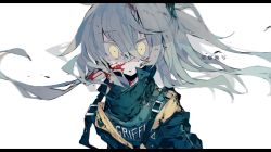 Rule 34 | 1girl, blood, blood in hair, blood on face, closed mouth, commentary request, empty eyes, english text, expressionless, girls&#039; frontline, hair between eyes, hair ornament, jacket, letterboxed, long hair, meto (metrin), silver hair, simple background, translation request, ump45 (girls&#039; frontline), upper body, white background, wide-eyed, yellow eyes