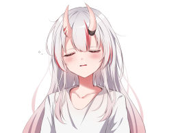 Rule 34 | 1girl, blush, closed eyes, collarbone, commentary request, facing viewer, hair between eyes, highres, hololive, horns, karashi (asarikarasi), long hair, multicolored hair, nakiri ayame, open mouth, red hair, shirt, sidelocks, silver hair, simple background, skin-covered horns, solo, streaked hair, virtual youtuber, white background, white shirt