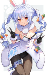 Rule 34 | 1girl, absurdres, abusoru, animal ear fluff, animal ears, bare shoulders, black gloves, black leotard, black pantyhose, blue hair, braid, breasts, carrot, carrot hair ornament, cleavage, double v, dress, food-themed hair ornament, gloves, hair between eyes, hair ornament, highres, hololive, leotard, leotard under clothes, long hair, looking at viewer, multicolored hair, orange eyes, pantyhose, rabbit ears, rabbit girl, simple background, small breasts, smile, solo, standing, thick eyebrows, thigh strap, twin braids, twintails, two-tone hair, usada pekora, usada pekora (1st costume), v, virtual youtuber, white background, white dress, white hair