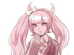 Rule 34 | 1girl, :o, bad id, bad pixiv id, blunt bangs, bow, commentary request, danganronpa (series), danganronpa another episode: ultra despair girls, fake horns, hairband, hand up, horns, jacket, kashima (xxkaziko), long hair, looking at viewer, open mouth, pink eyes, pink hair, polka dot, polka dot bow, shirt, simple background, sleeves past wrists, solo, twintails, upper body, utsugi kotoko, white background