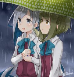 Rule 34 | 10s, 2girls, b allbrack, bad id, bad twitter id, blue bow, blue bowtie, bow, bowtie, braid, brown eyes, crown braid, gradient background, grey eyes, grey hair, holding, holding umbrella, kantai collection, kiyoshimo (kancolle), long hair, long sleeves, looking away, multiple girls, open mouth, parted lips, rain, school uniform, short hair, sideways mouth, takanami (kancolle), twitter username, umbrella, very long hair