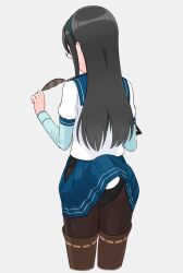 Rule 34 | 1girl, ass, black hair, black pantyhose, blue sailor collar, boots, brown footwear, geometrie, gradient background, grey background, hairband, hip vent, kantai collection, leotard, leotard under clothes, long hair, long sleeves, ooyodo (kancolle), pantyhose, pen, playboy bunny, rabbit tail, sailor collar, shirt under shirt, short sleeves, solo, tail, thigh boots