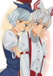 Rule 34 | 2girls, alternate hair length, alternate hairstyle, bad id, bad pixiv id, blush, bow, friends, fujiwara no mokou, hair bow, hands on another&#039;s face, hat, kamishirasawa keine, long hair, md5 mismatch, multiple girls, p no hito, short hair, suspenders, touhou