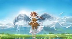 Rule 34 | 1girl, angel wings, blue sky, brown eyes, brown hair, cloud, day, dress, grass, hair ornament, highres, holding, holding stuffed toy, long hair, morisan, original, outdoors, sky, standing, stuffed animal, stuffed toy, sunlight, teddy bear, two side up, water, white dress, wings