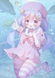 Rule 34 | 1girl, anchor hair ornament, aquarium, aquarium tunnel, chestnut mouth, commentary request, dolphin, dress, fish, hair ornament, hanasakichu, highres, leg up, long hair, low twintails, neckerchief, open mouth, original, pink dress, pink thighhighs, pointing, pointing forward, purple eyes, purple hair, red neckerchief, sailor collar, school of fish, sea turtle, star (symbol), star hair ornament, striped clothes, striped thighhighs, thighhighs, tropical fish, turtle, twintails, variant set, x hair ornament