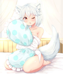 Rule 34 | 1girl, animal ears, awake, bed, breasts, cleavage, collarbone, hugging object, indoors, inubashiri momiji, medium breasts, no pants, on bed, one eye closed, panties, pillow, pillow hug, red eyes, rururiaru, saliva, short hair, sitting, solo, striped clothes, striped panties, tail, tears, touhou, underwear, white hair, wolf ears, wolf tail