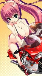Rule 34 | 1girl, bikini, boots, breasts, cleavage, covered erect nipples, gloves, green eyes, imanaka koutarou, long hair, motor vehicle, motorcycle, non-web source, original, pink hair, ponytail, solo, swimsuit, vehicle