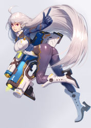 Rule 34 | 1girl, ahoge, bodysuit, boots, breasts, finger gun, from side, full body, grin, gun, high heel boots, high heels, holding, holding gun, holding weapon, large breasts, long hair, looking at viewer, looking to the side, ogino (oginogino), original, pink eyes, silver hair, skin tight, smile, solo, very long hair, weapon, white footwear