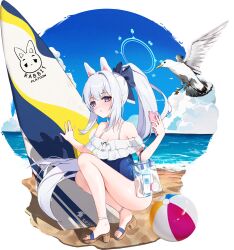 Rule 34 | 1girl, absurdres, animal ears, ball, beach, beachball, bird, blue archive, blue one-piece swimsuit, blue sky, blunt bangs, bow, cellphone, cloud, cloudy sky, commentary request, cyken (cyken0718), fake animal ears, faux figurine, frilled one-piece swimsuit, frills, full body, hair between eyes, hair bow, hair ribbon, halo, highres, holding, holding phone, horizon, long hair, looking at viewer, miyako (blue archive), miyako (swimsuit) (blue archive), ocean, official alternate costume, official alternate hairstyle, one-piece swimsuit, outdoors, parted lips, phone, ponytail, rabbit ears, ribbon, sandals, seagull, sidelocks, sky, sleeveless, smartphone, spaghetti strap, squatting, surfboard, swimsuit, transparent background