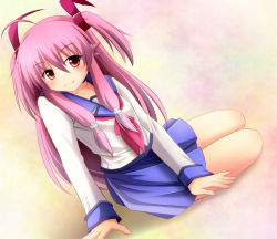Rule 34 | 10s, 1girl, angel beats!, dutch angle, fang, female focus, gradient background, hair ribbon, long hair, pink hair, red eyes, ribbon, school uniform, serafuku, short twintails, sitting, smile, solo, sui. (ayase), twintails, two side up, yui (angel beats!)