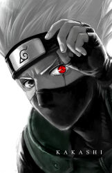 Rule 34 | 1boy, black eyes, black gloves, character name, commentary, covered mouth, english commentary, fingerless gloves, forehead protector, gloves, grey hair, hatake kakashi, heterochromia, highres, konohagakure symbol, looking at viewer, male focus, mask, morbidprince, mouth mask, naruto, naruto (series), ninja, ninja mask, red eyes, scar, scar across eye, scar on face, sharingan, short hair, solo, spiked hair