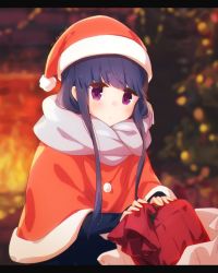 Rule 34 | 1girl, atu, black sleeves, blue hair, blurry, blurry background, christmas, christmas present, christmas tree, closed mouth, fireplace, gift, hat, highres, light blush, long hair, long sleeves, looking at viewer, purple eyes, santa costume, santa hat, scarf, shima rin, sidelocks, signature, solo, yurucamp