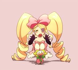 Rule 34 | amputee, armless amputee, big hair, blush, bow, breasts, cleavage, cosplay, double amputee, dress, drill hair, earrings, eyepatch, flowey (undertale), from behind, gyosone, harime nui, heart, heart earrings, huge bow, jewelry, kill la kill, medium breasts, pink bow, pink footwear, prosthesis, prosthetic arm, strapless, strapless dress, twin drills, undertale