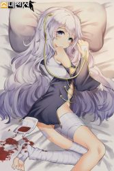 Rule 34 | 1girl, bandaged leg, bandages, bed, bed sheet, bil-ajeossi, blood, blood bag, blue eyes, blush, closed mouth, clothing cutout, dress, eyelashes, feet, girls&#039; frontline, hair between eyes, highres, intravenous drip, long hair, looking at viewer, lying, messy hair, no panties, no shoes, on side, pillow, ribeyrolles (girls&#039; frontline), short dress, shoulder cutout, side slit, silver hair, solo, tassel, thighs, toes, very long hair, wavy hair, wide sleeves
