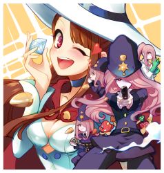 Rule 34 | 2girls, ;d, belt, blush, breasts, brown hair, bullet, cape, choker, cleavage, cosplay, cuffs, diamond (gemstone), doctor, gloves, green gloves, hair over one eye, hat, heart, heart-shaped pupils, kagari atsuko, leila (yurisouls), little witch academia, long hair, looking at viewer, medium breasts, multiple girls, multiple persona, mushroom, one eye closed, open mouth, pink hair, pointing, pointing at viewer, police, police uniform, ponytail, purple eyes, purple hair, red eyes, red hair, shiny chariot, shiny chariot (cosplay), smile, sucy manbavaran, symbol-shaped pupils, taser, uniform, very long hair, witch hat