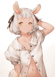 Rule 34 | 1girl, animal ears, arm behind head, black ribbon, commentary, hair ribbon, highres, junwool, looking at viewer, navel, open clothes, open shirt, original, partially unbuttoned, puffy short sleeves, puffy sleeves, ribbon, sheep, sheep ears, shirt, short hair, short sleeves, simple background, solo, stomach, upper body, white background, white hair, white shirt, yellow eyes
