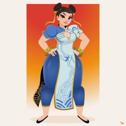 Rule 34 | 1girl, black footwear, blue dress, blue pantyhose, blush, bracelet, breasts, brown eyes, brown hair, capcom, china dress, chinese clothes, chun-li, cleavage, cleavage cutout, clothing cutout, double bun, dragon print, dress, earrings, gradient background, hair bun, hands on own hips, jewelry, looking at viewer, medium breasts, nightlyneu, orange background, pantyhose, pinup (style), print dress, puffy sleeves, raised eyebrow, shoes, short hair, short sleeves, smile, standing, street fighter, street fighter 6
